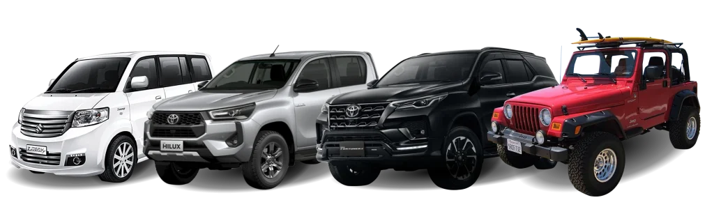 Car rental fleet in Sumba including Toyota Avanza, Toyota Hilux, Toyota Fortuner and Jeep 4x4