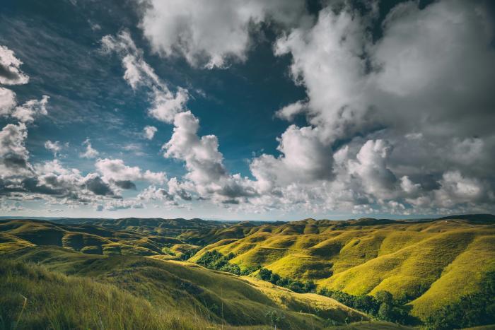 Rolling green savanna hills landscape in East Sumba, Indonesia.