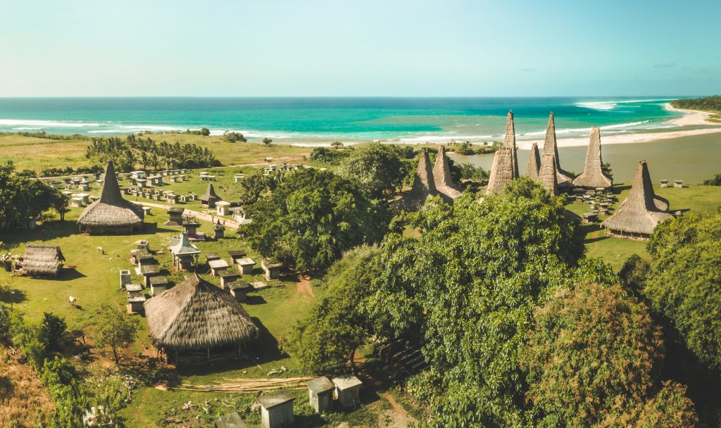 Ratenggaro traditional village with tall thatched houses near the coast in Southwest Sumba Indonesia